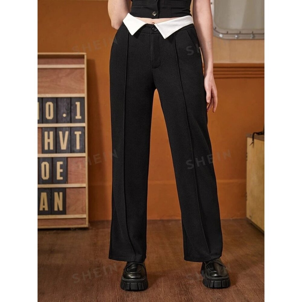 SHEIN MOD Contrast Foldover Waist Straight‎ Leg Pants in Black - Size Medium